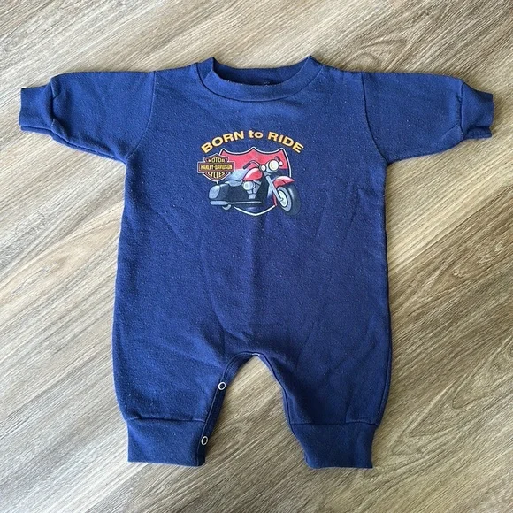 HARLEY-DAVIDSON LONG SLEEVE ONE PIECE BLUE GRAPHIC BABY 24 MONTHS - Picture 1 of 6